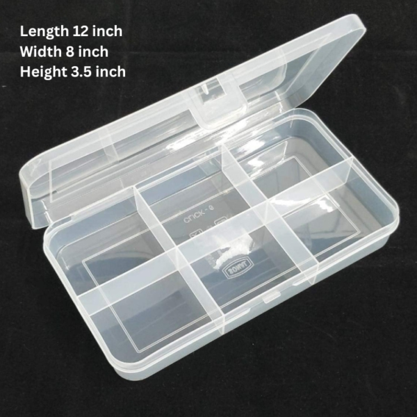 Transparent Plastic Storage Organizer Box with 6 Compartments, 12 x 8 x 3.5 inch, Multi-Purpose for Stationery, Jewelry, Tools & Craft Items