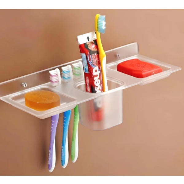 Iconic Multi-Purpose Transparent Plastic Bathroom Shelf with Soap Dishes, Toothbrush Holder & Tumbler