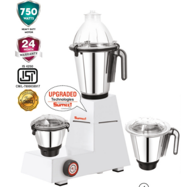 Sumeet SD-211 750-Watt Mixer Grinder with 3 Stainless Steel Jars, Heavy-Duty Motor & 24-Month Warranty on motor