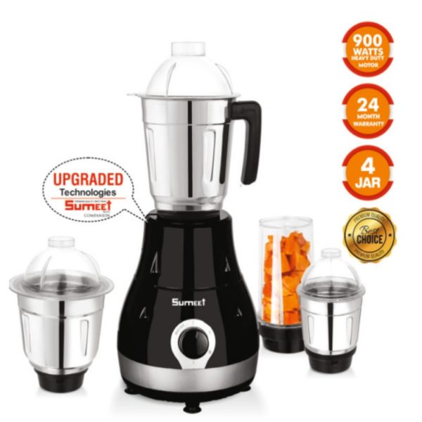 Sumet SD-204 900W Mixer Grinder with 4 Jars (3 Stainless Steel Jars + 1 Bullet Jar), 18000 RPM, 24 Months Warranty on motor, Black & Silver