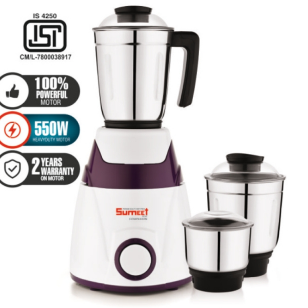 Sumeet Force 550W Mixer Grinder with 3 Stainless Steel Jars - Model 003, 2-Year Warranty on motor