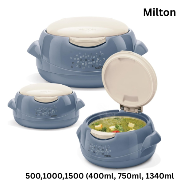 Milton Microwow One Touch Jr. Gift Set Inner Stainless Steel Casserole with One Touch Lid, Set of 3 (400,750,1340 ml), stone blue