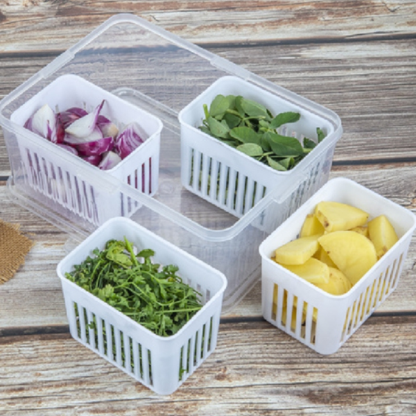 4-Compartment Vegetable Storage Container with Drain Basket - Multi Grid Fridge Organizer