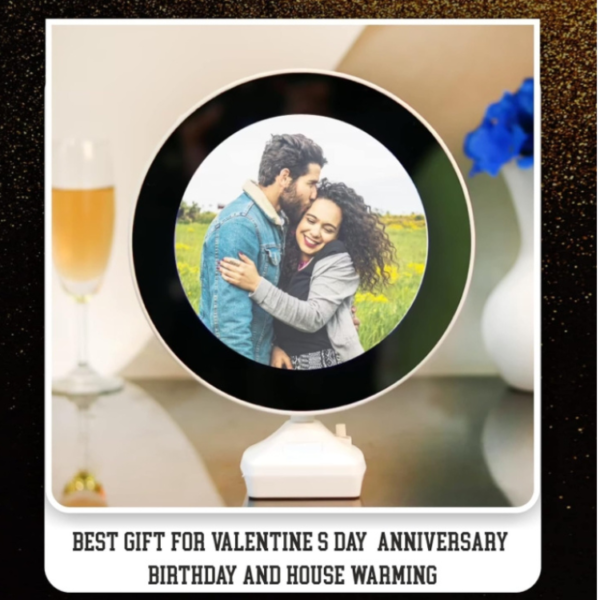 LED Photo Frame Mirror Night Lamp, 8 Inch Round Tabletop Personalized Gift for Birthday, Anniversary & Home Décor