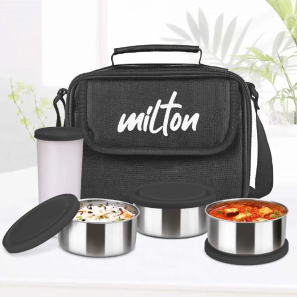 Milton (steel Combi) Leakproof Stainless Steel Tiffin Lunch Box Set with Insulated Black Bag, 400ml Tumbler & 3x280ml Containers – Food Grade, Dishwasher Safe