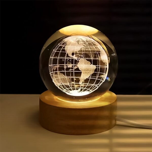 3D Crystal Ball Lamp ? World Globe Design, Wooden Base | Indo Glow