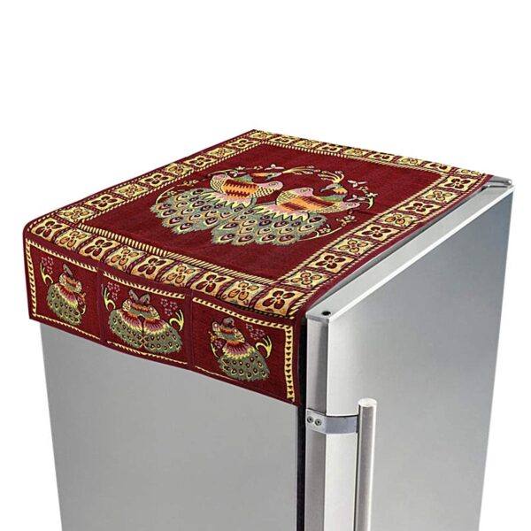 Cotton Fridge Top Cover – Peacock Design with Pockets | Dabster