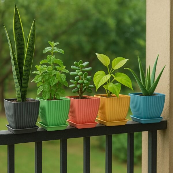 Square Plastic Flower Pots Set of 5 ? Durable Lightweight Planters